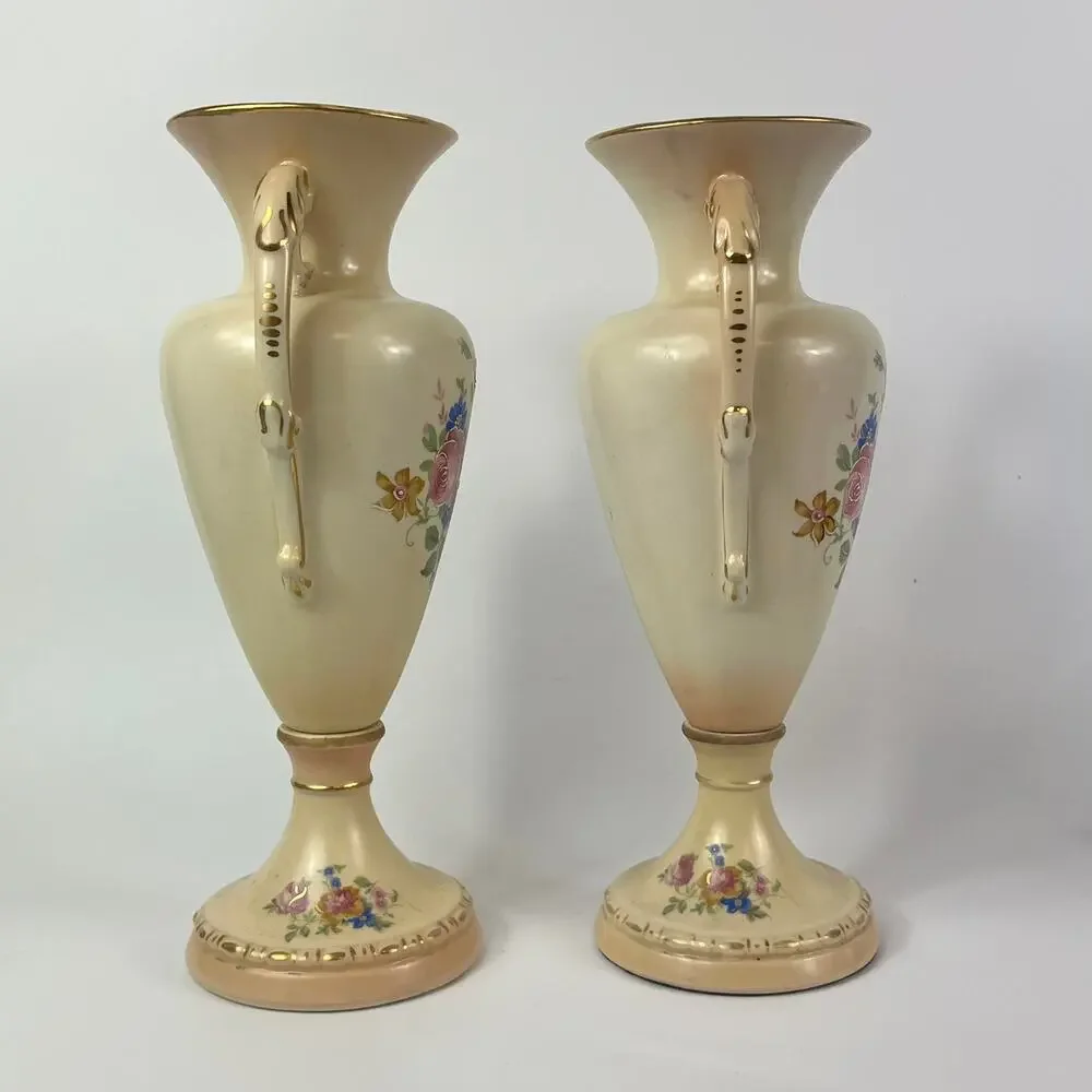 2 Tyndale Porcelain Vases Fine China Double Handle Hand Painted Floral Vintage
